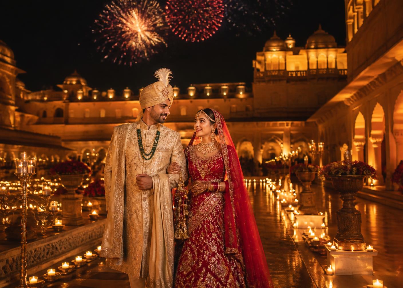 Couple walking through a candlelit heritage courtyard with fireworks overhead